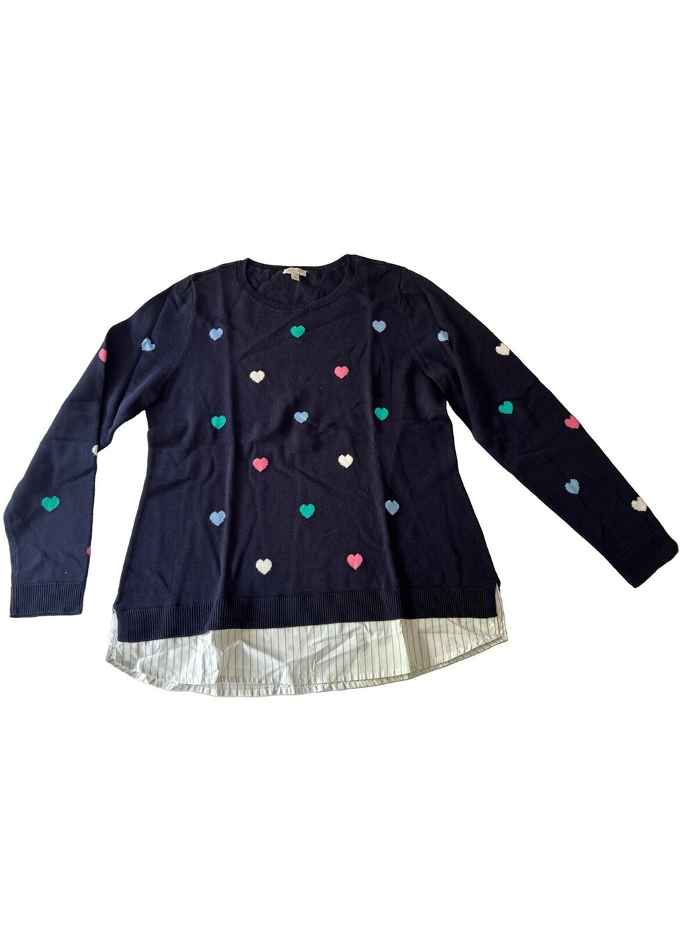Talbots Women's Navy Blue Knit Faux Layer Sweater Size M Petite Pullover Hearts